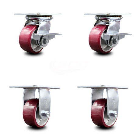 SERVICE CASTER 4 Inch Poly on Aluminum Caster Set with Ball Bearing 2 Brakes and 2 Rigid SCC SCC-35S420-PAB-SLB-2-R-2